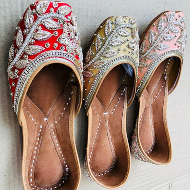 Red, Gold and Light Pink Punjabi Juttis with Pearl and Thread Designs