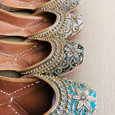 Blue, Dark Green, Light Grey and Grey Punjabi Juttis with Pearl and Thread Designs