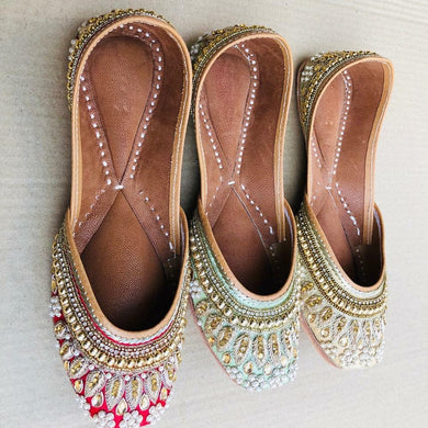 Red,Light Blue and Light Yellow Punjabi Juttis with Thread and Diamonds Designs