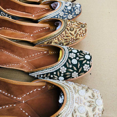 Light Yellow, Dark Green, Gold and Dark Blue Punjabi Juttis with Pearl and Diamonds Designs