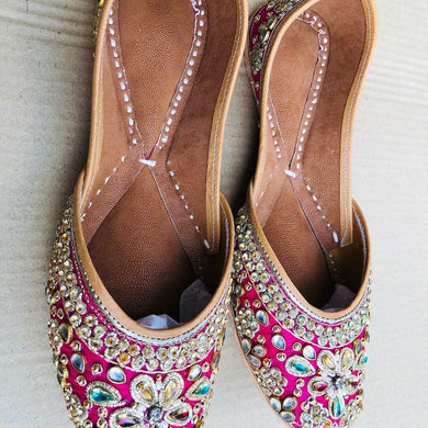 Pink Punjabi Juttis with Colourful Diamonds Designs