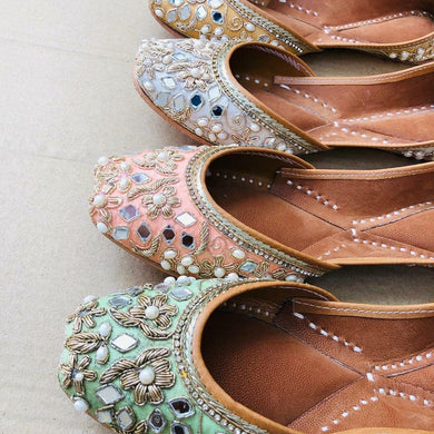 Light Green, Light Pink, White and Gold Punjabi Juttis with Glass and Thread Designs