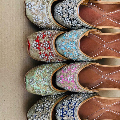 Multiple coloured Punjabi Juttis with Diamond and Thread Designs
