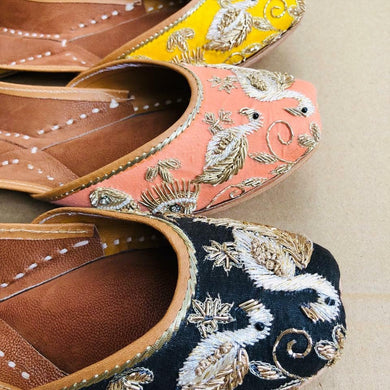 Black, Light Pink and Yellow Punjabi Juttis with Bird Designs