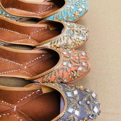 Violet, Light Red, Light Gold and Blue Punjabi Juttis with Glass and Thread Designs