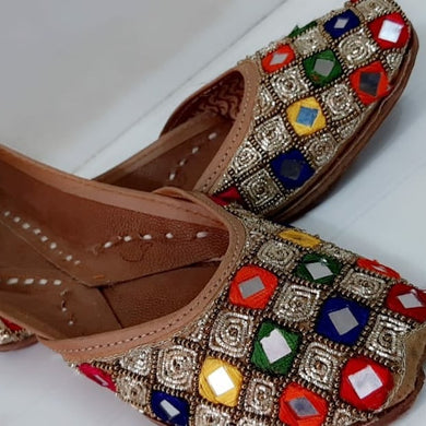 Punjabi Juttis with Multi-coloured Square and Glass Multi-coloured Square