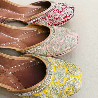 Yellow, Light Pink and Red Punjabi Juttis with Silver Thread Designs