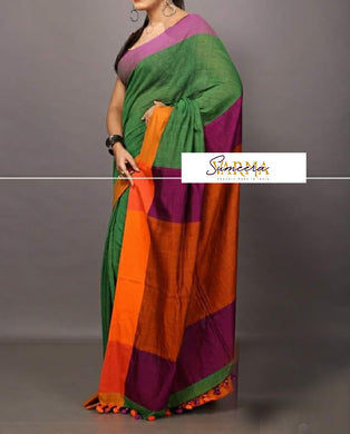 Parrot Green and Greenish Pink Pure Cotton Saree with Whitish Pink Border