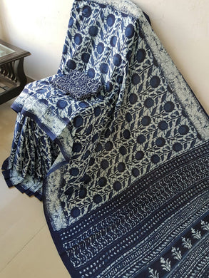 Blue Mulmul Saree with Light Green Designs