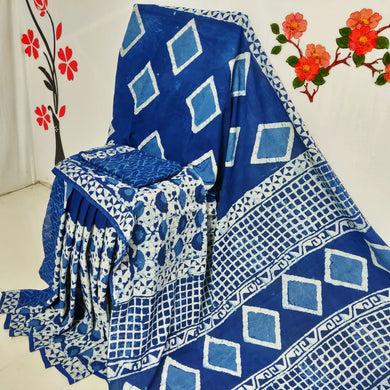Blue Mulmul Saree with Off-White Designs