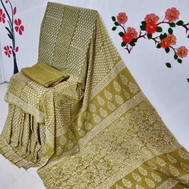 Darkish Gold Mulmul Saree with White Designs