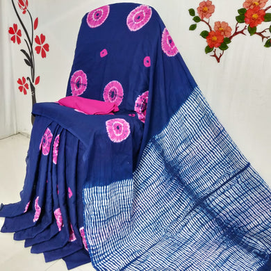 Blue Mulmul Saree with Pink and White Designs