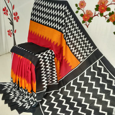 Black and Red Mulmul Saree with White  Designs