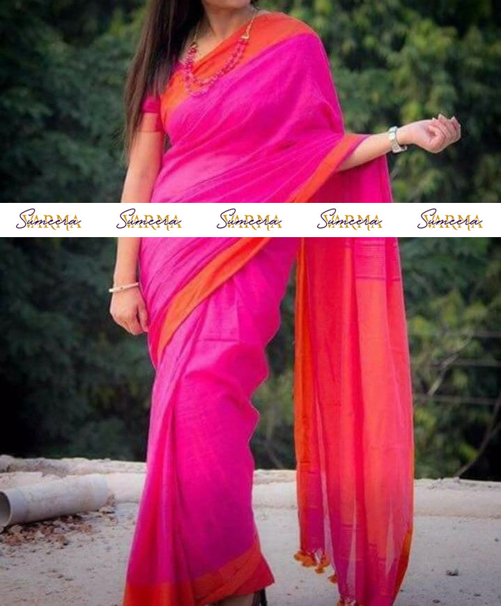 Hot Pink Pure Cotton Saree with Orange Border