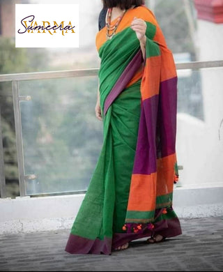 Green Pure Cotton Saree with Orange Border