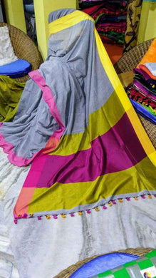 Grey Pure Cotton Saree with Yellow Border