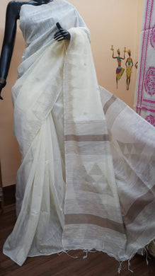 White Pure Cotton Saree with Light Brown Border