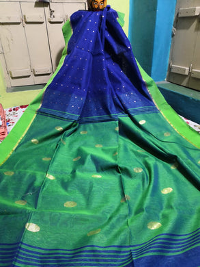 Dark Blue and Bluish Green Pure Cotton Saree with Green Border