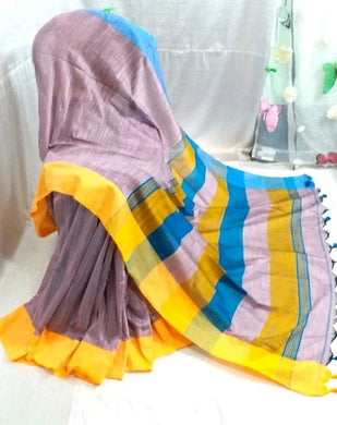 Whitish Red Pure Cotton Saree with Yellow Border