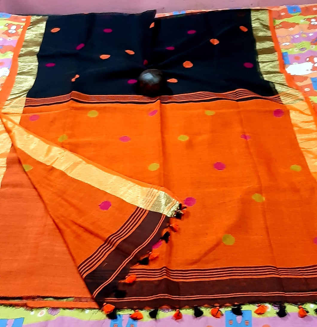 Orange and Black Pure Cotton Saree with Orange Border
