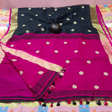Hot Pink and Black Pure Cotton Saree with Pink Border