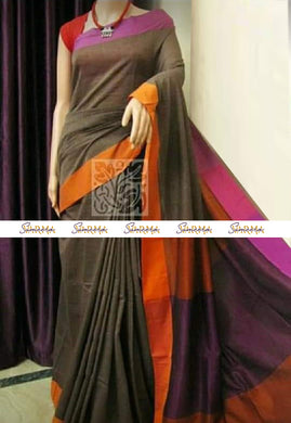 Brown Pure Cotton Saree with Pink Border