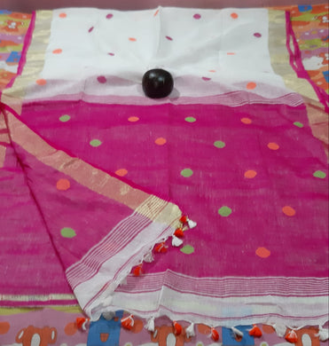 White and Pink Pure Cotton Saree with Pink Border