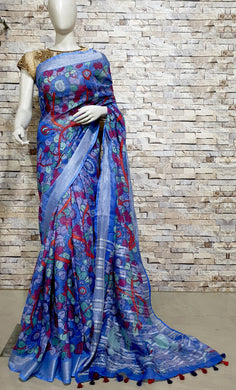 Blue Linen Saree with Red Design
