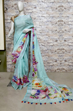 Light Blue Linen Saree with Floral Design