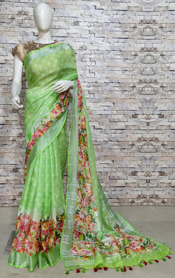 Light Green Linen Saree with Floral Design