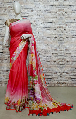 Red and Light Red Linen Saree with Floral Design