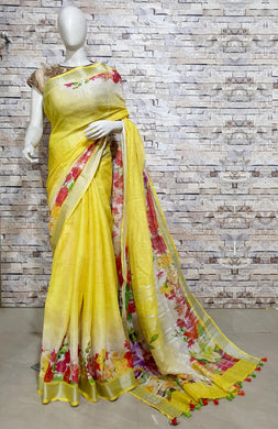 Yellow and Light Yellow Linen Saree with Floral Design