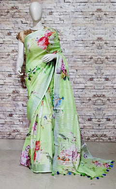 Light Green Linen Saree with Floral Design