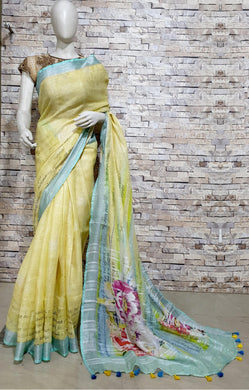 Light Yellow Linen Saree with Pink Floral Design