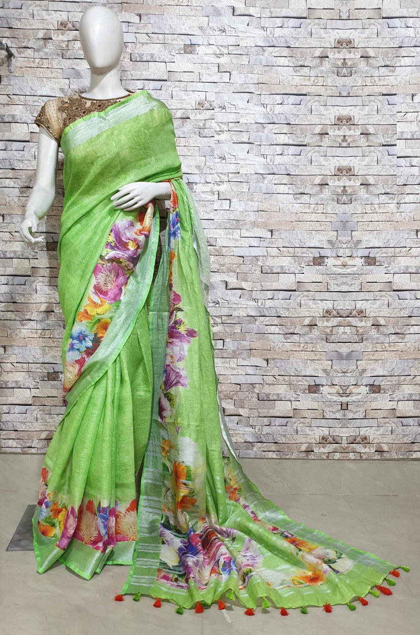 Green Linen Saree with Floral Design