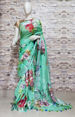 Darkish Green Linen Saree with  Floral Design
