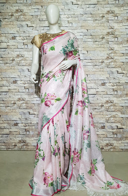 Light Pink Linen Saree with Floral Design