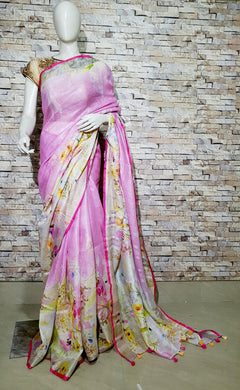 Baby Pink Linen Saree with Floral Design