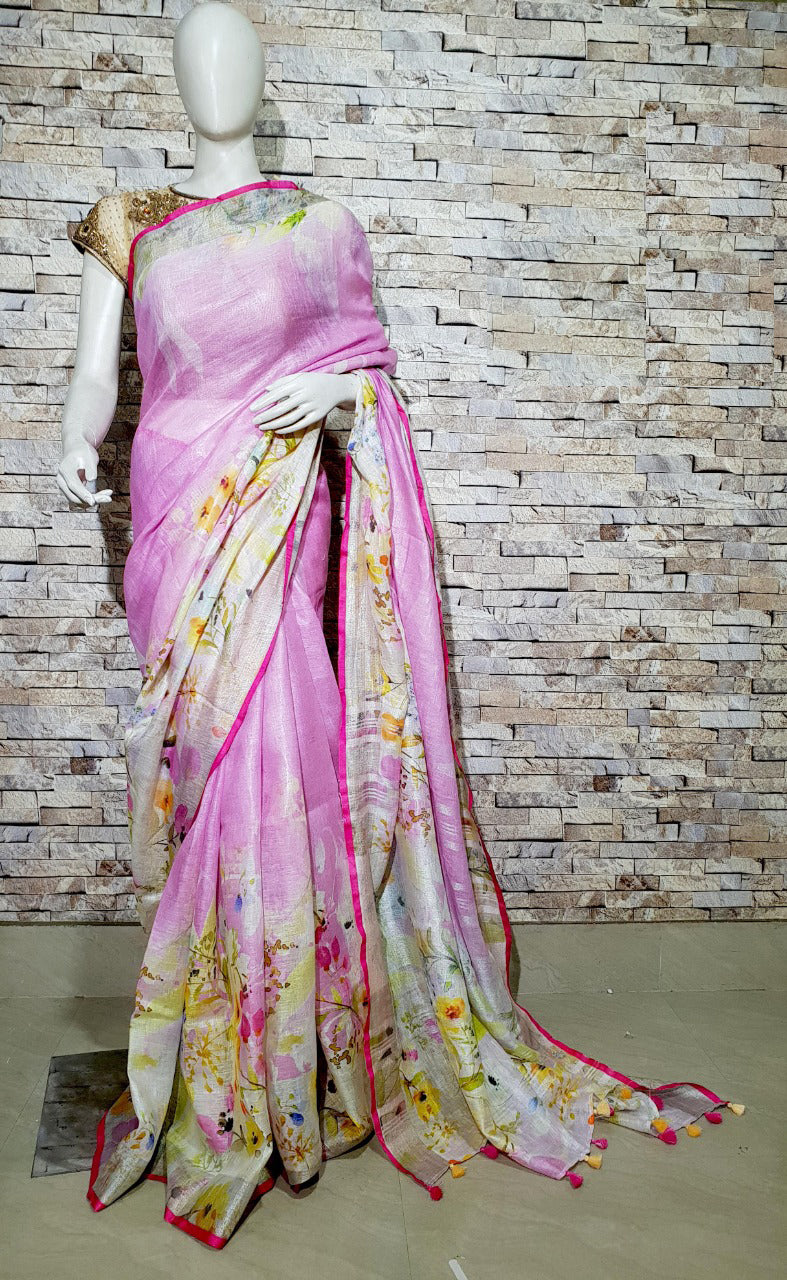 Baby Pink Linen Saree with Floral Design