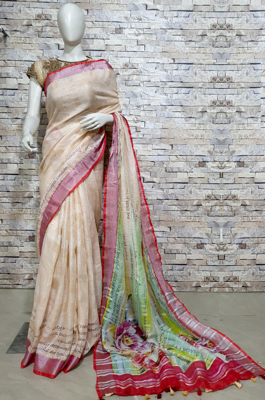 Light Orange Linen Saree with Orange Border