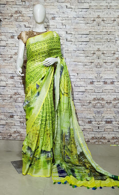 Yellowish Green Linen Saree with Floral Design