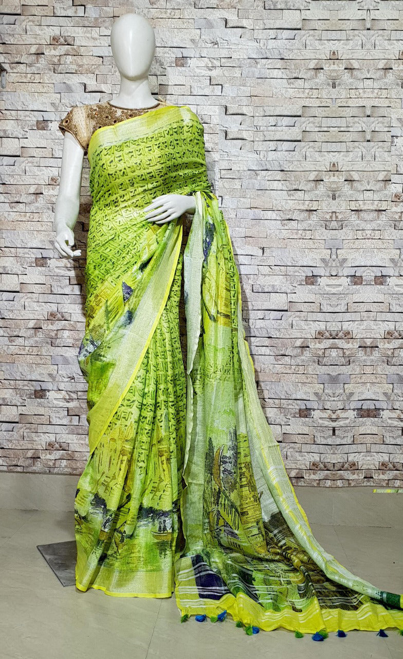 Yellowish Green Linen Saree with Floral Design