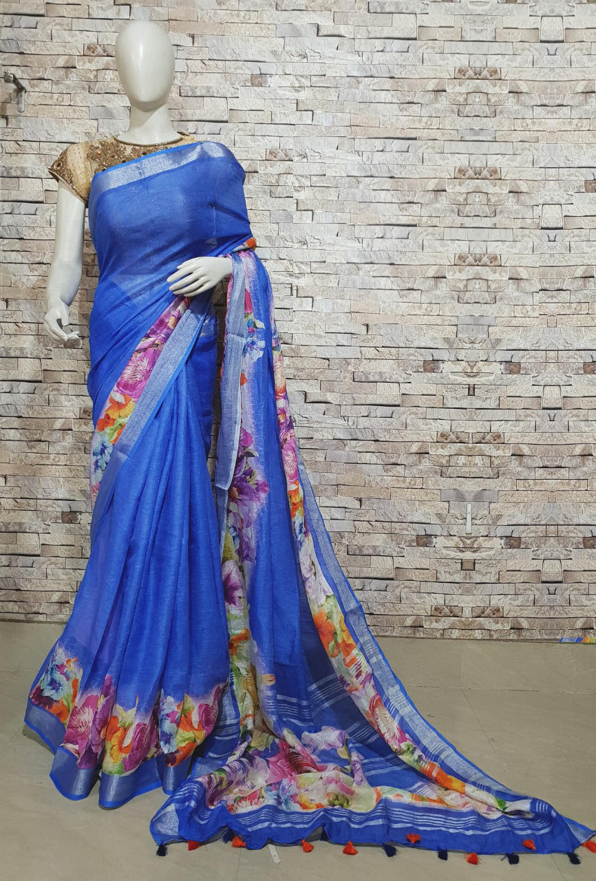 Blue Linen Saree with Floral Design