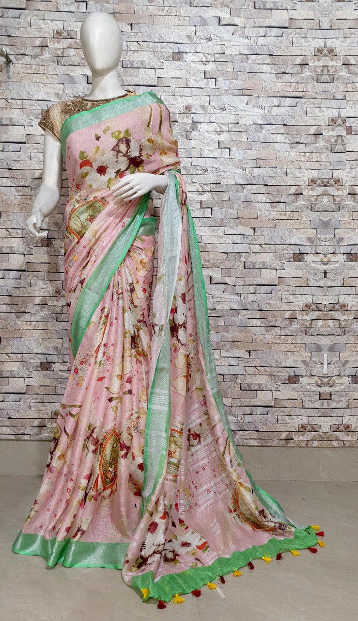 Light Baby Pink Linen Saree with Green Border