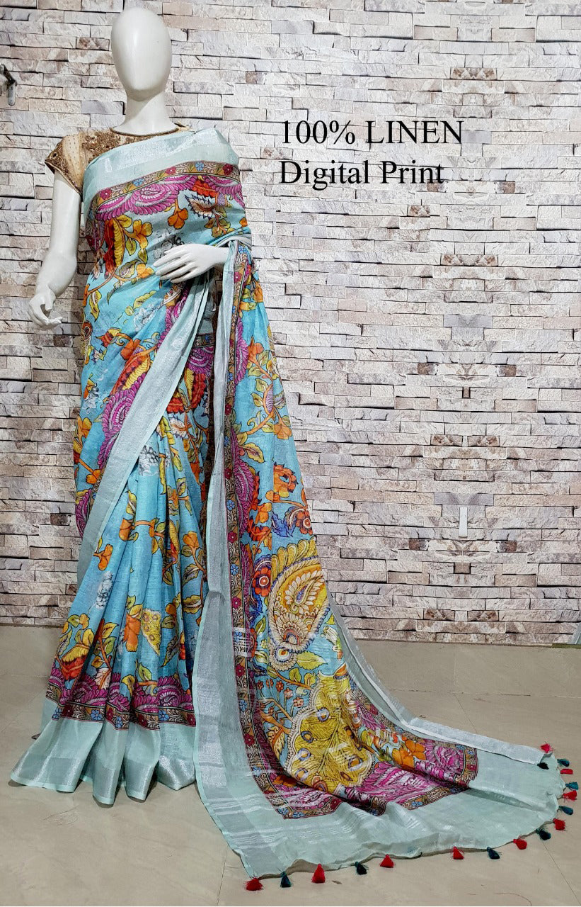 Light Blue Linen Saree with Design