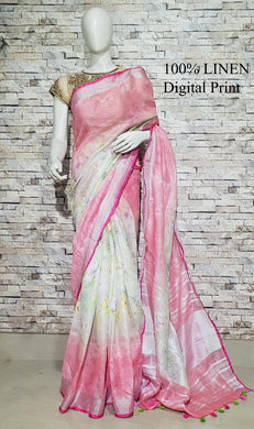 Light Pink and White Linen Saree with Floral Design