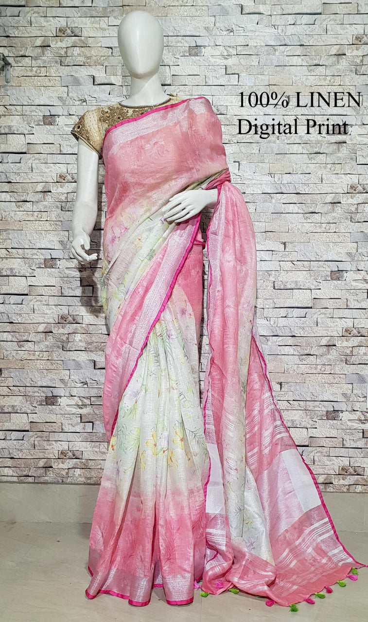 Light Pink and White Linen Saree with Floral Design