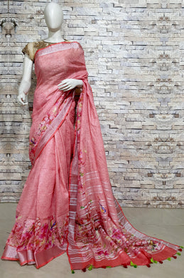 Light Red Linen Saree with Red Border