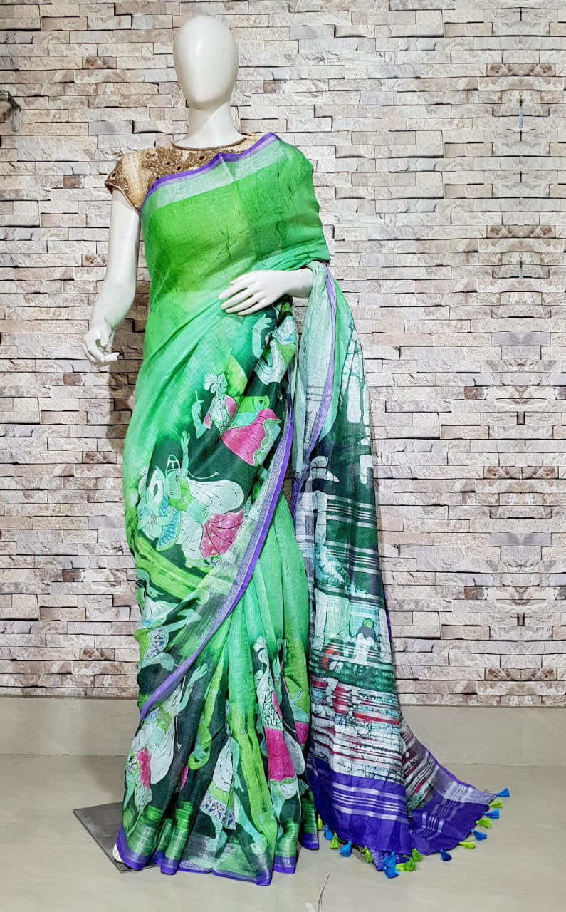 Green and Light Green Linen Saree with Drawings