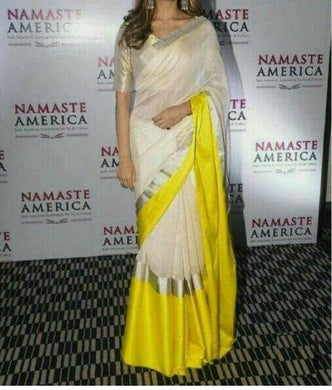 Off-White Linen Saree with Yellow Border